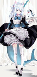 Rule 34 | 1girl, absurdres, alternate costume, animal ears, apron, bine kun, black dress, black footwear, bloop (gawr gura), blue eyes, blue hair, blue neckwear, bow, cat ears, commentary, dress, english commentary, fins, fish tail, frilled apron, frills, full body, gawr gura, hair ornament, highres, hololive, hololive english, long hair, long sleeves, maid, maid apron, mixed-language commentary, multicolored hair, polearm, shark girl, shark hair ornament, shark tail, silver hair, simple background, solo, standing, streaked hair, tail, thighhighs, trident, virtual youtuber, weapon, white apron, white background, white thighhighs