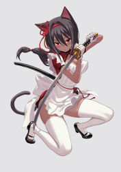 Rule 34 | 1girl, animal ears, apron, black footwear, breasts, cat ears, cat tail, china dress, chinese clothes, closed mouth, dark-skinned female, dark skin, dress, fighting stance, fkey, flower knot, grey hair, hair between eyes, hairband, highres, holding, holding sword, holding weapon, kafei (fkey), katana, long hair, looking at viewer, maid, maid apron, medium breasts, on one knee, original, qi maid, red eyes, red hairband, red sash, sash, scabbard, sheath, shoes, simple background, skindentation, solo, sword, tail, thighhighs, two-handed, unsheathed, weapon, white apron, white background, white thighhighs
