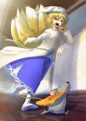 Rule 34 | 1girl, aburaage, apron, blonde hair, chasing, fangs, female focus, food, fox tail, hat, light trail, long sleeves, mossari poteto, mouse (animal), mouth hold, multiple tails, open mouth, running, short hair, solo, tail, touhou, yakumo ran