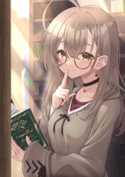 Rule 34 | 1girl, ahoge, berry, black choker, book, bookshelf, brown eyes, brown hair, brown hoodie, choker, crossed bangs, double-parted bangs, earrings, finger to mouth, fingernails, food-themed earrings, hair between eyes, highres, holding, holding book, hololive, hololive english, hood, hoodie, huge ahoge, jewelry, light rays, looking at viewer, mihaeru, nail art, nanashi mumei, nanashi mumei (casual), necklace, official alternate costume, open book, red shirt, shirt, smile, sweater, virtual youtuber, white sweater, wide sleeves