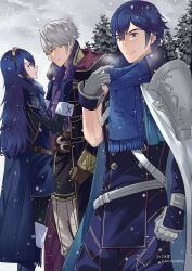Rule 34 | 1girl, 2boys, ameno (a meno0), artist name, belt, black sweater, blue cape, blue eyes, blue gloves, blue hair, blue pants, blue scarf, brown belt, brown eyes, brown gloves, cape, chrom (fire emblem), closed mouth, commentary request, father and daughter, fingerless gloves, fire emblem, fire emblem awakening, gloves, grey gloves, grey sky, hair between eyes, long hair, looking at another, looking at viewer, lucina (fire emblem), multiple boys, nintendo, outdoors, pants, profile, purple scarf, ribbed sweater, robin (fire emblem), robin (male) (fire emblem), scarf, short hair, single sleeve, sky, smile, snow, snowing, sweater, tiara, white hair, white pants