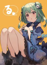 Rule 34 | 1girl, animal print, bad id, bad twitter id, bare shoulders, blue dress, blush, bow, breasts, brooch, butterfly print, detached sleeves, double bun, dress, green hair, hair bun, hair ornament, highres, hololive, hololive fantasy, jewelry, long hair, looking at viewer, open mouth, red eyes, ribbon, short hair, skull collar, skull hair ornament, smile, solo, steepled fingers, uruha rushia, uruha rushia (1st costume), virtual youtuber