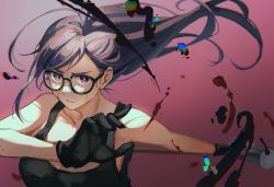 Rule 34 | 1girl, absurdres, bare arms, bare shoulders, black-framed eyewear, black gloves, black tank top, blood, blood on face, bright pupils, chinese commentary, commentary request, floating hair, glasses, glitch, gloves, hammer, highres, holding, holding weapon, long hair, looking at viewer, minakata hizuru, mole, mole under mouth, pink background, purple eyes, purple hair, simple background, sledgehammer, solo, summertime render, tank top, upper body, weapon, white pupils, xiaomei36549