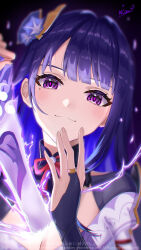 Rule 34 | 1girl, blunt bangs, blurry, breasts, bridal gauntlets, cleavage, commentary request, flower, genshin impact, hair ornament, hand up, highres, holding, holding sword, holding weapon, japanese clothes, large breasts, light blush, long hair, looking at viewer, mole, mole under eye, portrait, purple eyes, purple flower, purple hair, raiden shogun, sheath, smile, solo, sword, tatyaoekaki, unsheathing, weapon