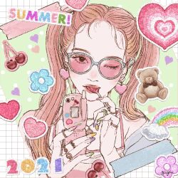 Rule 34 | !, 1girl, 2021, artist name, bare arms, bare shoulders, bead necklace, beads, black eyes, blue-framed eyewear, blue flower, blush, bow, brown bow, brown hair, candy, casual, cellphone, cherry, cloud, collarbone, commentary, duct tape, earrings, english text, eyelashes, fingernails, flip phone, flower, flower (symbol), food, food in mouth, fruit, green nails, grid background, hair over shoulder, heart, heart earrings, holding, holding candy, holding food, holding lollipop, holding phone, jewelry, blue background, light blush, lipstick, lollipop, long fingernails, looking at viewer, makeup, masking tape (medium), multicolored nails, nail polish, necklace, nose blush, object request, one eye closed, original, pale skin, parted hair, phone, pink-tinted eyewear, pink lips, pink nails, purple flower, purple nails, rainbow, ring, signature, solo, spaghetti strap, sticker, straight-on, stuffed animal, stuffed toy, sunglasses, teddy bear, tinted eyewear, twintails, two side up, upper body, white background, yayoi (frp-y), yellow nails