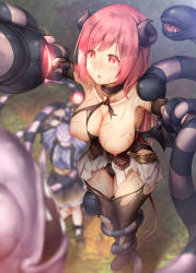 Rule 34 | 2girls, bite mark, blush, boots, breasts, elbow gloves, gloves, horns, hypnosis, io (princess connect!), kyoka (princess connect!), large breasts, mind control, multiple girls, nipples, princess connect!, purple hair, red eyes, red hair, ryona, sugiyuu, tail, tentacles, thigh boots, thighhighs, torn clothes, twintails