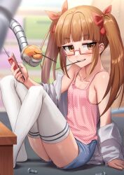 Rule 34 | 1girl, arm support, bare shoulders, blunt bangs, blurry, blurry background, blurry foreground, blush, breasts, brown hair, camisole, collarbone, crossed ankles, denim, denim shorts, depth of field, food, glasses, holding, holding phone, idolmaster, idolmaster cinderella girls, ikebukuro akiha, lab coat, long hair, looking at viewer, mechanical arms, mouth hold, ooeyama, phone, pink camisole, pocky, polka dot camisole, rectangular eyewear, screwdriver, semi-rimless eyewear, shorts, sitting, small breasts, smile, solo, thighhighs, twintails, white thighhighs