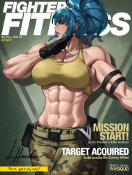 Rule 34 | 1girl, abs, armband, black gloves, blue eyes, blue hair, camouflage, camouflage pants, cover, english text, gloves, highres, leona heidern, magazine cover, mootium, muscular, muscular female, pants, ponytail, sports bra, the king of fighters, toned, veins