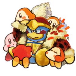 Rule 34 | beanie, bird, blush stickers, coat, hat, highres, king dedede, kirby, kirby (series), kirby and the forgotten land, nintendo, penguin, sitting, waddle dee, white background, wuu211211