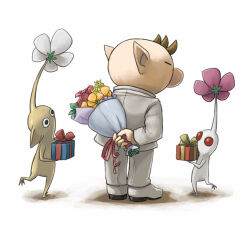 Rule 34 | 1boy, alternate costume, big nose, black eyes, bouquet, brown hair, closed eyes, collared jacket, colored skin, commentary request, flower, formal, from side, full body, gift, holding, holding behind back, holding bouquet, holding gift, jacket, long sleeves, looking at another, male focus, naru (wish field), nintendo, no mouth, olimar, pants, pikmin (creature), pikmin (series), pink flower, pointy ears, red eyes, red flower, red rose, rose, shadow, shoes, short hair, solid circle eyes, standing, suit, very short hair, white background, white flower, white footwear, white jacket, white pants, white pikmin, white skin, white suit, yellow flower, yellow pikmin, yellow skin