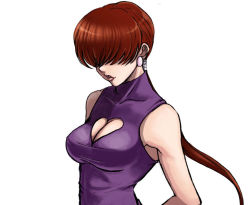Rule 34 | 1girl, artist request, breasts, brown hair, cleavage, dress, female focus, game, shermie (kof), simple background, snk, solo, tagme, the king of fighters, upper body, white background