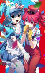 Rule 34 | 2girls, absurdres, apron, black eyes, black necktie, blue dress, blue hair, blue sky, border, commentary, confetti, dress, drill hair, empty eyes, feet out of frame, gloves, hatsune miku, highres, hya ro, kasane teto, looking at another, mesmerizer (vocaloid), multiple girls, necktie, open mouth, pants, red eyes, red hair, red pants, roller skates, shaded face, sharp teeth, shirt, skates, sky, smile, socks, striped clothes, striped dress, striped shirt, suspenders, sweat, teeth, tongue, twin drills, utau, visor cap, vocaloid, waist apron, white apron, white socks, white wrist cuffs, wrist cuffs, yellow gloves