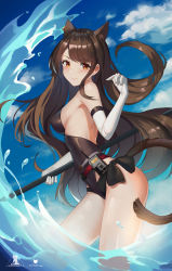 Rule 34 | 1girl, absurdres, animal ears, arknights, bare shoulders, black hair, brown eyes, cat ears, cat tail, elbow gloves, erosiscon, eyebrows, gloves, highres, holding, long hair, looking at viewer, official alternate costume, skyfire (arknights), skyfire (temperature difference) (arknights), solo, tail, white gloves