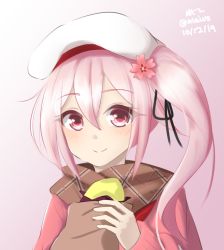 Rule 34 | 1girl, black ribbon, brown scarf, closed mouth, commentary, dated, flower, food, hair between eyes, hair flower, hair ornament, hand up, harusame (kancolle), hat, highres, holding, holding food, kantai collection, klaius, looking at viewer, neck ribbon, one side up, pink background, pink eyes, pink flower, pink hair, pink shirt, ribbon, scarf, shirt, signature, smile, solo, sweet potato, twitter username, white hat