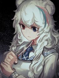 Rule 34 | 1girl, animal ears, arknights, bear ears, black background, blade to throat, blood, blue eyes, blue hair, blue necktie, buttons, clenched hands, commentary, cuts, female focus, fixro2n, heterochromia, highres, holding, holding knife, holding weapon, injury, jacket, knife, long hair, long sleeves, looking down, multicolored hair, muted color, necktie, red eyes, red hair, rosa (arknights), self-harm, self harm, solo, spoilers, streaked hair, sweat, nervous sweating, upper body, wavy hair, weapon, white hair, white jacket