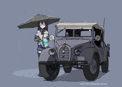 Rule 34 | 1girl, black hair, blue sailor collar, blue skirt, boots, dated, full body, glasses, grey background, jeep, kantai collection, layered sleeves, long hair, long sleeves, looking at viewer, motor vehicle, necktie, ooyodo (kancolle), opaque glasses, pleated skirt, rain, red necktie, sailor collar, school uniform, serafuku, shikishima fugen, short over long sleeves, short sleeves, skirt, solo, standing, thigh boots, towel, twitter username