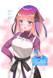 Rule 34 | 1girl, apron, blue eyes, blush, breasts, embarrassed, flying sweatdrops, go-toubun no hanayome, highres, large breasts, long hair, long sleeves, looking at viewer, nakano nino, open mouth, piyopoyo, purple sweater, red hair, sidelocks, solo, sweater, turtleneck, turtleneck sweater, white apron
