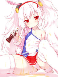 Rule 34 | 1girl, animal ears, azur lane, bare shoulders, blush, bottle, breasts, camisole, closed mouth, cola, collarbone, commentary request, convenient censoring, foam, hair ornament, hairband, head tilt, highres, holding, holding bottle, jacket, laffey (azur lane), long hair, looking at viewer, off shoulder, open clothes, open jacket, pink jacket, pleated skirt, rabbit ears, red eyes, red hairband, red skirt, shadow, skirt, small breasts, soda bottle, solo, strap slip, thighhighs, twintails, very long hair, white background, white camisole, white hair, white thighhighs, yuku (kiollion)