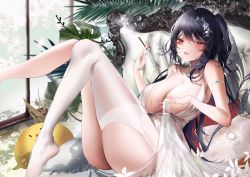 Rule 34 | 1girl, absurdres, azur lane, backless outfit, black hair, blush, breasts, center opening, cleavage, cocktail dress, dress, evening gown, feet out of frame, garter straps, hair ornament, hair strand, highres, indoors, large breasts, long hair, manjuu (azur lane), official alternate costume, palm leaf, plunging neckline, red eyes, satin dress, see-through, see-through dress, sleeveless, sleeveless dress, taihou (azur lane), taihou (temptation on the sea breeze) (azur lane), thighhighs, thighs, very long hair, wedding dress, white dress, white garter straps, white thighhighs, xiongshouji