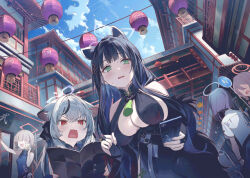 Rule 34 | 6+girls, :d, animal ear fluff, animal ears, bare shoulders, black dress, black hair, blue archive, blue halo, blue sky, blush, breasts, cellphone, china dress, chinese clothes, cloud, commentary request, day, dress, extra ears, fang, green eyes, grey hair, halo, highres, holding, holding phone, kaerunoko, kokona (blue archive), lantern, large breasts, long hair, multicolored hair, multiple girls, open mouth, outdoors, phone, red eyes, red halo, road, road sign, shun (blue archive), siblings, sign, sisters, skin fang, sky, smile, streaked hair, street, tiger ears, tiger girl, white hair, white halo