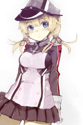 Rule 34 | 10s, 1girl, :c, anchor hair ornament, arms behind back, black skirt, black thighhighs, blonde hair, blue eyes, blush, breasts, colorized, cross, gloves, hair ornament, hair ribbon, hat, highres, iron cross, izuoku, kantai collection, long sleeves, looking at viewer, military, military uniform, miniskirt, peaked cap, pleated skirt, prinz eugen (kancolle), ribbon, simple background, skirt, solo, standing, thighhighs, twintails, uniform, white background, white gloves