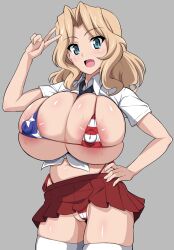 Rule 34 | 1girl, absurdres, american flag bikini, bikini, bikini under clothes, blonde hair, blue eyes, breasts, cameltoe, covered erect nipples, flag print, girls und panzer, highres, huge breasts, kay (girls und panzer), long hair, looking at viewer, navel, open mouth, paid reward available, shirt, skirt, solo, swimsuit, thighhighs, tied shirt, v, yasuoextuuuuuu