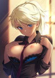 Rule 34 | 1girl, black shirt, blonde hair, blue bra, blue eyes, blush, bra, bra pull, breasts, breasts out, closed mouth, clothes pull, collared shirt, commentary, dark-skinned female, dark skin, dress shirt, genderswap, genderswap (mtf), hair between eyes, half updo, highres, indoors, irinatsu masashi, kani kani kun, lace, lace-trimmed bra, lace trim, large breasts, light particles, light rays, looking at viewer, medium hair, necktie, nipples, open clothes, open shirt, ponytail, red necktie, self exposure, shirt, smile, solo, starmyu, sunlight, sweat, sweatdrop, swept bangs, underwear, upper body, window, wing collar