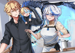 Rule 34 | 1girl, 2boys, absurdres, aether (genshin impact), ahoge, apron, black shirt, blonde hair, blue eyes, blue hair, breasts, collared shirt, cutting board, family, father and son, food, furina (genshin impact), genshin impact, hair between eyes, highres, holding, holding food, husband and wife, if they mated, indoors, large breasts, long sleeves, mother and son, multicolored hair, multiple boys, noodles, rolling pin, shirt, sleeves rolled up, streaked hair, sweater, tian kazuki, turtleneck, turtleneck sweater, two-tone hair, white apron, white hair, yellow eyes, yellow sweater