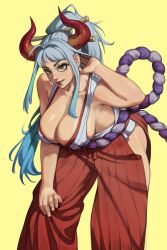 Rule 34 | 1girl, aqua hair, arm up, armpits, bare shoulders, breasts, brown eyes, cleavage, closed mouth, commentary, curled horns, feet out of frame, gradient horns, grey hair, hair ornament, hair stick, hakama, hakama pants, hand in own hair, hand on own thigh, hanging breasts, high ponytail, highres, hip vent, horns, japanese clothes, kimono, large breasts, leaning forward, long hair, looking at viewer, multicolored hair, multicolored horns, one piece, orange horns, pants, red hakama, red horns, rim jims, rope, shimenawa, sidelocks, simple background, sleeveless, sleeveless kimono, smile, solo, standing, two-tone hair, very long hair, yamato (one piece), yellow background