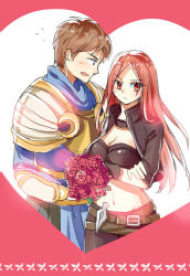 Rule 34 | 1boy, 1girl, amiemie, armor, bouquet, breasts, brown hair, cleavage, crossed arms, flower, flying sweatdrops, garen (league of legends), highres, katarina (league of legends), knife, large breasts, league of legends, midriff, navel, open mouth, red eyes, red hair, rose, scar, scar across eye, scar on face, simple background, sketch, throwing knife, weapon