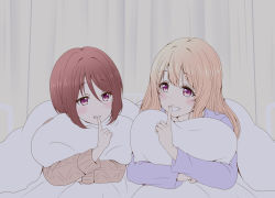 Rule 34 | 2girls, blush, brown hair, hatsune (princess connect!), long hair, multiple girls, open mouth, princess connect!, purple eyes, roaru (gyuren), shiori (princess connect!), short hair
