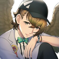 Rule 34 | 1boy, baseball cap, black nails, black pants, black shirt, blue jacket, bracelet, brown eyes, brown hair, brown wings, collared shirt, duck boy, duck wings, feathered wings, hat, jacket, jewelry, looking at viewer, male focus, mel6969, multicolored shirt, ochi the duck, open mouth, pants, shirt, short hair, short sleeves, show by rock!!, smile, solo, striped clothes, striped shirt, white background, white shirt, wings