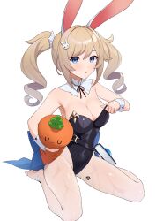 Rule 34 | 1girl, absurdres, barbara (genshin impact), bare shoulders, blonde hair, blue eyes, blush, breasts, carrot-shaped pillow, cleavage, ett, genshin impact, highres, leotard, leotard pull, medium breasts, pantyhose, rabbit ears, solo, twintails
