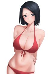 Rule 34 | 1girl, absurdres, arms behind back, bare shoulders, bikini, black hair, blush, breasts, cleavage, closed mouth, contrapposto, cowboy shot, expressionless, eyebrows hidden by hair, forehead, front-tie bikini top, front-tie top, grey eyes, halterneck, head tilt, highres, large breasts, linea alba, looking at viewer, lowleg, lowleg bikini, midriff, navel, original, red bikini, satyarizqy, short hair, simple background, skindentation, solo, swept bangs, swimsuit