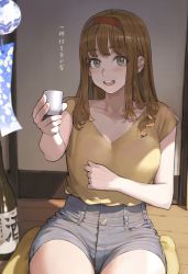 Rule 34 | 1girl, alcohol, bottle, breasts, brown eyes, brown hair, choko (cup), commentary request, cup, giving, headband, high-waist shorts, highres, holding, holding cup, incoming drink, jun (navigavi), long hair, looking at viewer, open mouth, original, outstretched arm, red headband, sake, sake bottle, shirt, shorts, sitting, sitting on pillow, sleeveless, sleeveless shirt, smile, solo, translation request, wind chime, yellow shirt