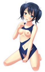 Rule 34 | 10s, 1girl, alternate breast size, bare arms, bare legs, bare shoulders, barefoot, black hair, blue eyes, blush, breasts, collarbone, full body, hair ribbon, hand up, kantai collection, ki (kk-sk-ray), kneeling, looking at viewer, medium breasts, navel, nipples, old school swimsuit, one-piece swimsuit, open mouth, ribbon, school swimsuit, shiny skin, short hair, simple background, solo, souryuu (kancolle), swimsuit, torn clothes, torn swimsuit, twintails, wavy mouth, white background, white ribbon