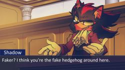 Rule 34 | 1boy, ace attorney, animal nose, ascot, character name, cosplay, english text, formal, furry, furry male, gloves, male focus, miles edgeworth, miles edgeworth (cosplay), mistyigel, parody, red eyes, shadow the hedgehog, solo, sonic (series), sonic adventure 2, suit, white gloves