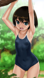 Rule 34 | 1girl, :d, armpits, arms up, bare arms, bare shoulders, black one-piece swimsuit, blue one-piece swimsuit, blue school swimsuit, blurry, blurry background, blush, breasts, brown hair, commentary request, competition school swimsuit, covered navel, cowboy shot, day, depth of field, dot nose, gluteal fold, green eyes, hair between eyes, long hair, looking at viewer, one-piece swimsuit, open mouth, original, outdoors, rohitsuka, school swimsuit, signature, small breasts, smile, solo, swimsuit, translation request