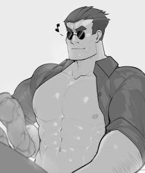 Rule 34 | 1boy, abs, arm hair, bara, collarbone, collared shirt, grey background, greyscale, helltaker, helltaker (character), highres, krekkov, monochrome, muscular, muscular male, musical note, navel, open clothes, open shirt, shirt, short hair, simple background, smile, solo, sunglasses, upper body