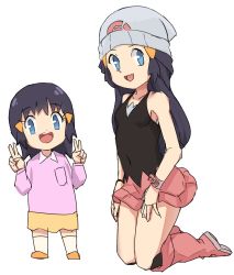 Rule 34 | 2girls, :d, aged down, beanie, black hair, blue eyes, breasts, child, covered navel, creatures (company), dawn (pokemon), double v, female focus, full body, game freak, hair ornament, hat, highres, kneeling, long hair, looking at viewer, medium hair, multiple girls, nintendo, open mouth, pokemon, pokemon dppt, simple background, skirt, small breasts, smile, smock, solo, tagme, thighs, v, white background
