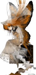 Rule 34 | 1girl, absurdres, bad id, bad twitter id, black choker, black footwear, blush, butterfly wings, choker, closed mouth, commentary, cube, detached sleeves, dress, fairy, full body, fur collar, highres, insect wings, looking down, moso mu, nose blush, orange dress, orange eyes, orange hair, orange wings, original, see-through, simple background, sitting, solo, veil, white background, white dress, wings