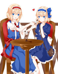Rule 34 | 2girls, alice margatroid, alice margatroid (pc-98), alternate costume, bag, blonde hair, blue eyes, bow, candy, chair, chocolate, chocolate heart, dress, eye contact, food, hair ribbon, hairband, handbag, heart, highres, ice cream, lolita hairband, looking at another, multiple girls, nanatuki13, pocky, puffy short sleeves, puffy sleeves, railing, ribbon, sash, short hair, short sleeves, simple background, sitting, spoon, sundae, table, time paradox, touhou, touhou (pc-98), white background
