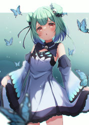 Rule 34 | 1girl, :o, animal print, black ribbon, blue dress, blue hair, blue sleeves, blush, brooch, butterfly print, cowboy shot, detached collar, detached sleeves, double bun, dress, gradient hair, green hair, hair bun, hair ornament, hair ribbon, highres, hololive, jewelry, juliet sleeves, leopon pon, long sleeves, looking at viewer, medium hair, multicolored hair, open mouth, puffy sleeves, red eyes, ribbon, short dress, skirt hold, skull brooch, skull hair ornament, solo, strapless, strapless dress, uruha rushia, uruha rushia (1st costume), virtual youtuber, wide sleeves