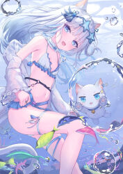 Rule 34 | 1girl, :d, armpit peek, bare shoulders, bikini, blue bikini, blue eyes, blue hair, blush, breasts, cat, dot nose, eyewear on head, fang, feet out of frame, frilled bikini, frills, from side, gradient hair, highres, knee up, long hair, looking at viewer, multicolored hair, navel, off shoulder, open clothes, open mouth, open shirt, original, parufeito, see-through, see-through shirt, sidelocks, skin fang, small breasts, smile, solo, sparkle, star-shaped eyewear, star (symbol), stomach, sunglasses, swimsuit, thigh strap, underwater, water drop, white hair