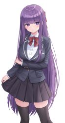 Rule 34 | 1girl, alternate costume, black jacket, black skirt, black thighhighs, blunt bangs, bow, bowtie, breasts, closed mouth, collar, collared shirt, fern (sousou no frieren), highres, jacket, large breasts, long hair, long sleeves, looking at viewer, purple eyes, purple hair, red bow, red bowtie, school uniform, seungju lee, shirt, simple background, skirt, solo, sousou no frieren, standing, thighhighs, white background, white collar, white shirt, zettai ryouiki
