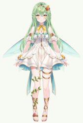 Rule 34 | bare shoulders, blue wings, bow, braid, breasts, brown footwear, closed mouth, commentary, dress, english commentary, flower, full body, green background, green hair, hair between eyes, hair flower, hair ornament, highres, hitsukuya, indie virtual youtuber, long hair, official art, peony aeria, pleated dress, pointy ears, red flower, sandals, simple background, small breasts, smile, standing, tiara, very long hair, virtual youtuber, white dress, white flower, wings, wrist cuffs, yellow bow, yellow eyes, yellow flower