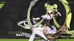 Rule 34 | 1girl, ai-chan (chrono navi) (honkai impact), ai-chan (honkai impact), bare shoulders, black headwear, breasts, chakram, chinese text, english text, fingerless gloves, gloves, green bracelet, green hair, highres, honkai (series), honkai impact 3rd, large breasts, leggings, long hair, looking at viewer, official art, official wallpaper, open hand, sitting, smile, solo, translated, v, weapon, white leggings