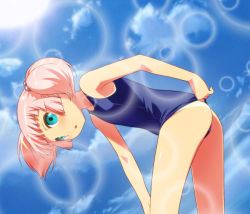 Rule 34 | 1girl, adjusting clothes, adjusting swimsuit, aqua eyes, armpits, ass, bent over, blue eyes, blush, female focus, hair bobbles, hair ornament, leaning forward, lens flare, lens flare abuse, one-piece swimsuit, one-piece tan, open mouth, outdoors, pink hair, school swimsuit, short hair, sky, solo, swimsuit, tan, tanline, twintails, umekichi, yoshikawa chinatsu, yuru yuri