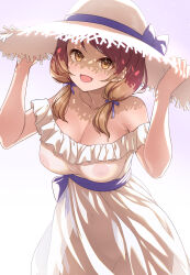 Rule 34 | 1girl, :d, bare shoulders, blush, breasts, brown eyes, brown hair, cleavage, commentary request, covered erect nipples, dress, hair ribbon, hands up, hat, hat ribbon, highres, hojo karen, idolmaster, idolmaster cinderella girls, large breasts, looking at viewer, low twintails, mk (mod0), navel, nipples, no panties, open mouth, purple ribbon, ribbon, see-through, see-through dress, shadow, short twintails, smile, solo, strapless, strapless dress, sun hat, tress ribbon, twintails, white dress, white hat