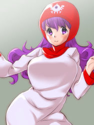 Rule 34 | 1girl, breasts, closed mouth, commentary request, curly hair, dragon quest, dragon quest ii, dress, hood, inu no koujouchou, large breasts, long hair, long sleeves, looking at viewer, princess of moonbrook, purple hair, robe, smile, solo, standing, white dress, white robe